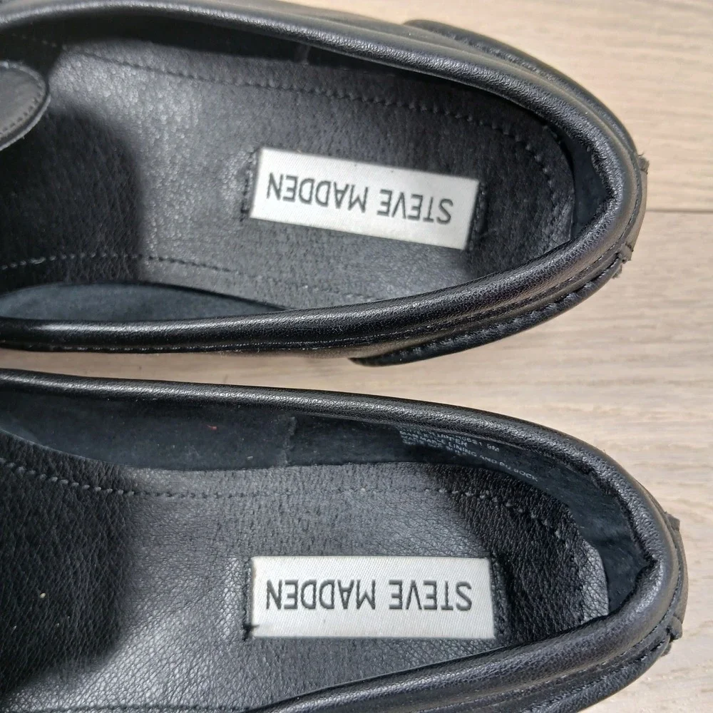 Steve Madden Loafers Women 9 Carrine Black Leather Gold Horsebit Flat Shoes